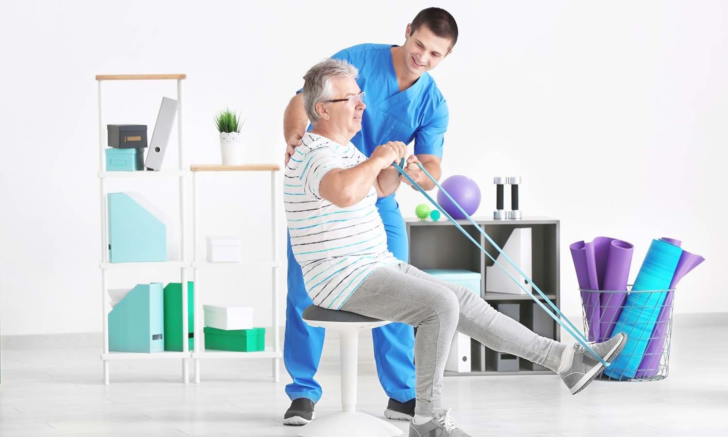Patient performing guided physiotherapy exercises during rehabilitation session